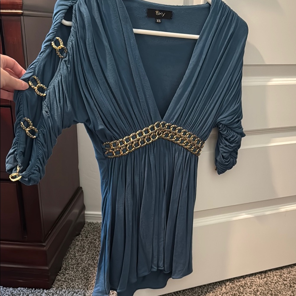 Sky Blue Ruched V-Neck Sundress with Dolman Sleeves - Picture 4 of 5
